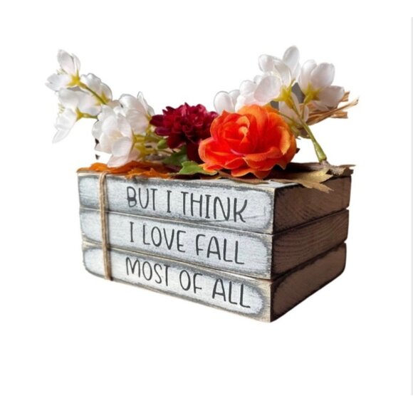 Fall-Themed Wooden Book Stack Decor With Faux Flowers & Quote - Picture 4 of 8